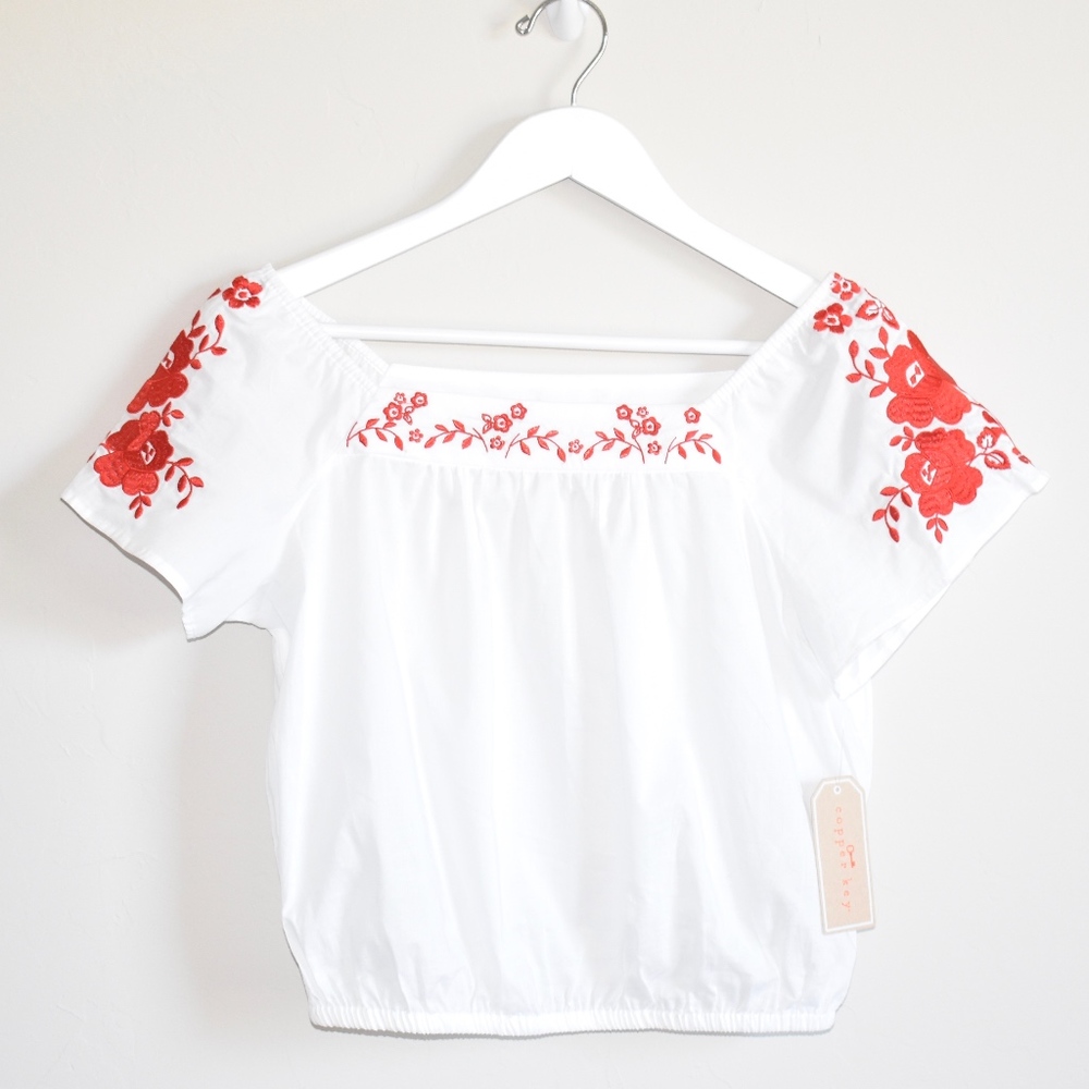 Copper Key Crop Top Floral Embroidery
